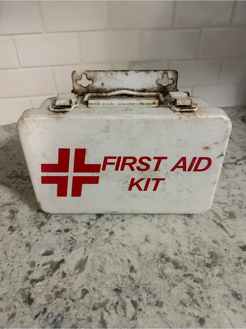 Small White Metal First Aid Kit with Red Cross Graphic